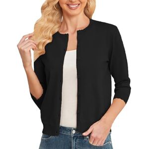 CUNYI Ladies Cropped Cardigan 3/4 Sleeve Shrug for Women Lightweight Sweater Crewneck with Buttons, Black S