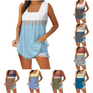 2024 Big Deals Women Sleeveless T-Shirt Ladies Vintage Vests UK Clearance Summer Tank Tops for Women Square Neck Curved Hem Tee Colorblock T-Shirt Flowy Shirt Patchwork Tank Tops Casual Henley Tops Loose Fit Work Blouses Shirts Sky Blue