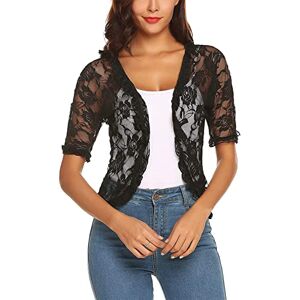 Edhomenn Women Sheer Shrug Cardigan Short Sleeve Solid Color Lace Patchwork Lightweight Knit Shrugs Ladies Bolero Cardigans (X-Black, XL)