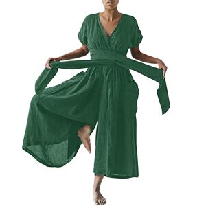 Generic Women's Summer Casual Jumpsuit Linen Short Sleeve V Neck Wide Leg Elastic Waist Solid Color Lightweight Work Rompers Jumpsuits