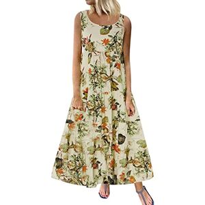 Briskorry Women's Summer Dress, Cotton Linen Beach Dresses, Sleeveless Round Neck Maxi Dress, Long Floral Pattern, Bohemian Style Dress, Large Sizes, Casual Dress