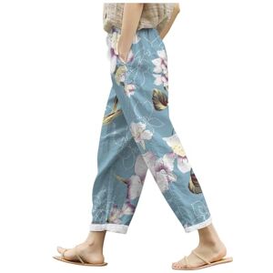 BKSCAYXS Women's E Summer Cotton Linen Trousers Loose Pocket Elastic Waist Wide Leg Trousers Retro Literary Plain Casual Ninth Trousers Women's 501, blue, M