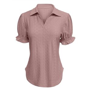 PRiME Angxiwan Going Out Tops for Women UK Women's Solid Color Lapel Short Sleeves Gathered Cuffs Loose T Shirt Fashionable Casual Top Summer Tshirt Womens Fitted Tops for Women Rose Gold