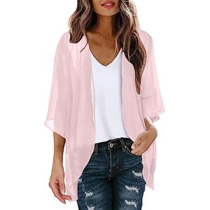 PAIDAXING Women's Chiffon Cardigan 3/4 Sleeve Summer Beach Cover Up Ladies Open Front Kimono Cardigan Shrug Lightweight Sheer Shawl Blouse Casual Beachwear Tops Pink