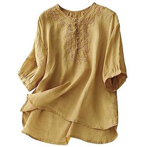 Elegant Summer Tops For Women Uk Summer Tops Women Linen Tops Women Retro Casual Round Neck Half Sleeve Longline Shirts Top Plus Size Solid Color Embroidered Tunic Tops Soft Cotton Linen Tees Women Vintage Summer Blouses