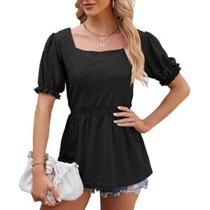 ASIYAN Women's Oversize T Shirt Vintage Short Sleeve Square Neck Tops Casual Loose Basic Summer Tee Shirts Blouse S-2XL Shirts Womens Casual (Color : Noir, Size : M)