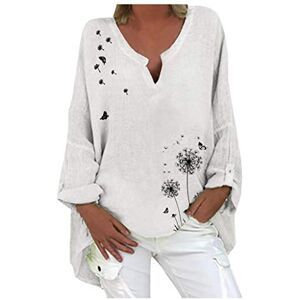 Clearance!Hot Sale!Cheap! Women's Tunic Blouse Tops Fashion Plus Size Solid Cotton Linen Loose Casual Long Sleeve V-Neck Tees Shirts Jumpers for Women UK Sale White