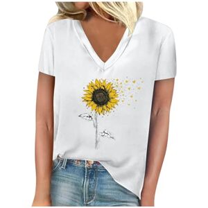 Elegant Summer Tops For Women Uk Summer Tops Women Summer 2024 Tops Women Fashion V Neck Short Sleeve T-Shirts Blouse Soft Lightweight Sunflower Graphic Printed Tees Tops Trendy Casual Basic Print T Shirt for Ladies