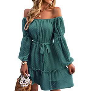 BebreezChic Women Dress Summer Off Shoulder Long Sleeve for Women UK Loose Chiffon Short Dress Square Neck Polka Dots Dress Casual, Dark Green L