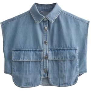 LCDIUDIU Womens Denim Vest Sleeveless V-Neck Y2K Crop Top Washed Distressed Jean Jacket Summer Vest Coat With Chest Pockets Casual Vest Gilet S Blue