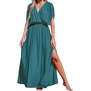 CUPSHE Women Maxi Dress Loose V Neck Allyssa Surplice Ruched Dress Short Sleeve Elastic Waist Side Slit Formal A-Line Beach Casual Dress Turquoise S