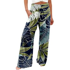 Linen Trousers Womens Cropped DABAOK Elastic Pants Women Casual Elastic Waist Wide Leg Trousers Colorful Flowers and Green Leaf Print Pocket Trousers Womens Pants with Stripe (Navy, L)