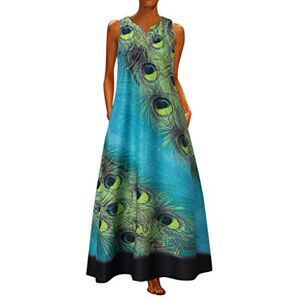 Janly Clearance Sale Dresses for Women, Women Plus Size Sleeveless Peacock Print Long Maxi Dress Boho Summer Beach Dress, Printed Sleeveless Sundress, for Daily Wedding Party (Light blue-5XL)