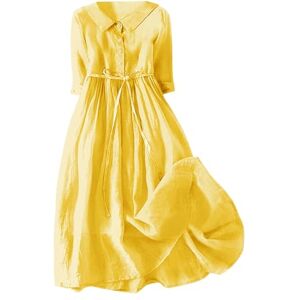 Juyamh Women's Literary Simple Solid Color Vintage Lapel Button Cotton Long Casual Dress Tunic Dresses (Yellow #2, M)