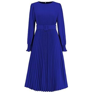 TYUSGH Women's Casual Dress Round Neck Long Sleeve Solid Color Pleated Dress Slim Fit A Line Dress High Waisted Belt Slim Fit Elegant Party Dress (Blue, L)