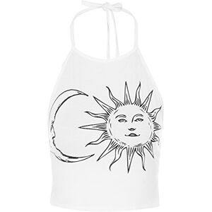 WearAll Women's Sun Moon Print Halter Neck Sleeveless Tied Crop Vest T-Shirt Top - White - 12-14