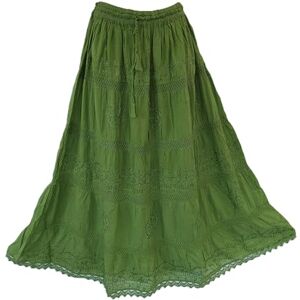 Ess Ell Exports Doorwaytofashion Women Cotton Maxi Full Length Skirt Embroidered Boho Casual Festival Summer UK 10,12,14,16,18 Lime Green