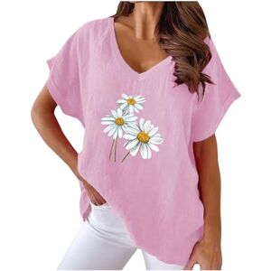 Haolei Cotton Linen T Shirtrs for Women UK Clearaance V Neck Short Sleeve T Shirt Ladies Loose Fit Floral Print Tee Summer Casual Tunic Tops Plus Size Sunflower T-Shirts