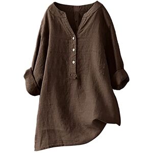 Qiuhhpuy Linen Blouse Women's Oversize Long Sleeve Loose Linen Blouse V-Neck Button Plain Blouses Shirt Summer Autumn Long Shirt Tops Tunic Long Tops, Brown A1, XL