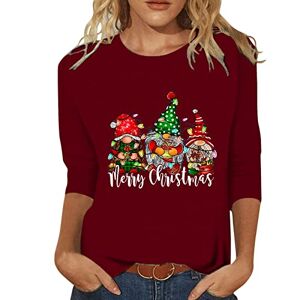 Dantazz Womens Christmas Casual Fashion Dwarf Elder Printing Crew Neck Three Quarter Sleeve Tops T Shirt Blouse Women Warm Sweats (Wine-C, L)
