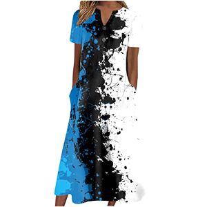 Generic S-096 Royal Blue Juniors Short Sleeve Dresses Colorblock Loose Fit Dresses for Women Henley Vneck Beach Casual Hawaiian Tie Dye Tropical Maxi Long Summer Fall Dresses 2024 TY L
