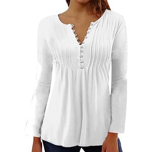 RLEHJN Tunic Tops for Women UK Clearance V Neck Pleated Buttons Shirts Casual Cotton Tops Ladies Henley Shirt Long Sleeve White T-Shirt Floral Printed Blouse Thin Stretch Tops S-XXL