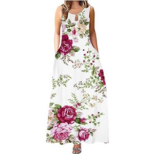 Women Summer Sleeveless Floral Print Crew Neck Maxi Slim Dress Boho Beach Long Sundress with Pockets Plus Size Mother of The Bride Dresses with Jacket Maxi Dresses for Women UK Plus Size