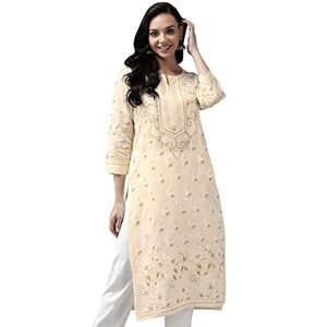 Ada Indian Chikankari Hand Embroidered Women's Straight Cotton Kurti Kurta Tunic Dress A411182 (Cream, M)