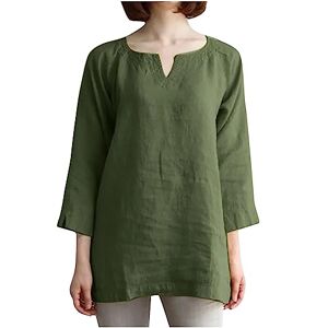 Mesh Blouses For Women Uk Women Cotton Linen Shirt Lagenlook Tops Clearance V Neck 3/4 Sleeve T-Shirts Casual Loose Fit Blouse Elegant Solid Swing Tops Office Work Tee Shirts Beach Boho Holiday Top Plus Size 22 Army Green