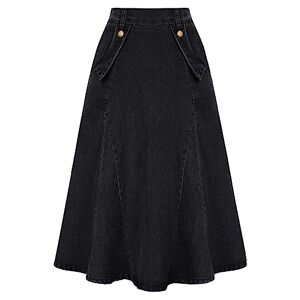 Belle Poque Women Vintage Jean Skirt Flared A-line Elastic Waist Work Office Knee Length Skirt Black L