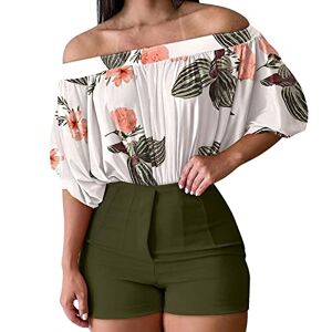 Generic Women's 2 Piece Set Two-Piece Shorts Spring Summer Tops 2023 Fashion Clothing Floral Print Ruffle Off Shoulder Shorts Two Piece with Belt Dress Crop, Green, L