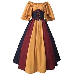 BUKINIE Womens Medieval Vintage Dresses Celtic Long Sleeve Maxi Dresses Renaissance Cosplay Dress Velvet Queen Dress Yellow