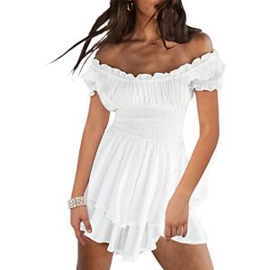 Femereina Women's Off Shoulder Square Neck Puff Sleeve A-Line Short Mini Dress Flounce Shirred Ruffle Smocked High Waist Skater Dresses (X-White, M)