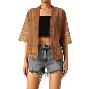 Edhomenn Women Sheer Shrug Cardigan Short Sleeve Solid Color Lace Patchwork Lightweight Knit Shrugs Ladies Bolero Cardigans (Coffee, M)