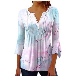 Kuih Womens Tunic Tops 3/4 Sleeves Ladies V Neck Flower Printed Top Casual Loose Comfy Breathe Blouse Elegant Button UP Pullover T-Shirt for Party Dance Office