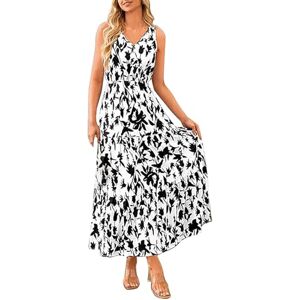 OverDose Boutique Women's V Neck Elastic Waist Printed Dress and Dress with Sleeves Plus Size (Black, M)