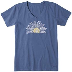 The Life Is Good Company Life is Good Women's Standard Floral Print Short Sleeve Cotton Tee Graphic V-Neck T-Shirt, Watercolor Daisy Birds, Vintage Blue, X-Small