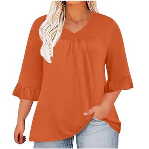 Generic J-568 Burnt Orange Ladies Pleated Basic T Shirts Loose Fit Long Plus Size Tops Tee for Women Short Sleeve Vneck Spandex Casual Summer Fall Shirts 2024 Clothes Country Concert 3XL