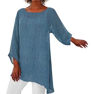 Mumeomu Women's 3/4 Sleeves Blouse Round Neck Casual Loose Fit Tops Plus Size Shirts Comfy Casual Solid Color Pullover Cotton Linen Blouse Shirt Tops Ladies Business Office Loose Top Spring/Summer Tops Blue