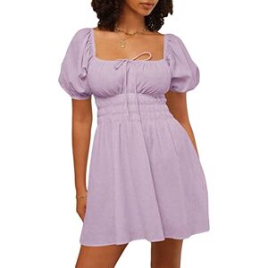 Femereina Women's Short Sleeve A-line Dress Square Neck Lantern Sleeve Ruched Short Dresses Off Shoulder Smocked Swing Dress for Summer (Purple, S)