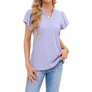 T1FE 1SFE Plain Womens Going Out Tops Floaty Ladies Elegant Cute Ruffle Shirt Short Sleeve T Shirt Soft Baggy Stylish V-Neck Blouse Purple Size L UK 14-16