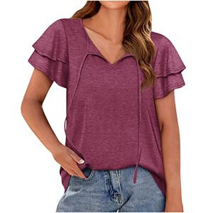 Haolei Women's Blouses & Shirts UK,Ladies T Shirts Ruffle Sleeve Plain Cute Summer Tops Drawstring V Neck Tee Tshirts Casual Spring Summer Dressy Work Blouse Pullover Shirt Clearance Size 16 Wine
