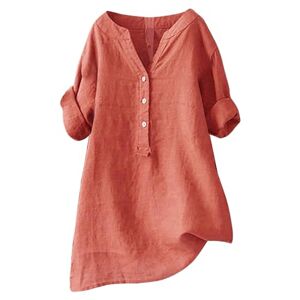 Clodeeu Ladies Henley Neck Shirts Summer Half Sleeve Cotton Linen Button Tops Solid Color Casual Going Out Blouse Baggy Classic Tees Orange