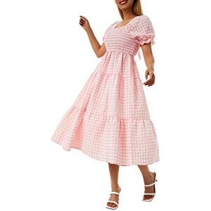 FeMereina Women's Bohemian Summer Plaid Dress Square Neck Puff Sleeve Ruffle Flowy Gingham Beach Long Summer Dress (Pink, Small)