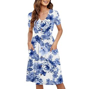 BGKKTLW Women Summer Dresses Short Sleeve Scoop Neck Pleated Casual Loose Swing Boho Floral T Shirt Midi Dress with Pockets Blue
