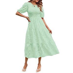 Femereina Women's Summer Casual Boho Dress Lace Ruffle Flowy Tiered Midi Dress Puff Sleeve High Waist Smocked Midi Beach Dresses (Light Green, XL)