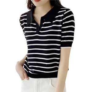 XYMJT t shirts for women uk Women Summer T-Shirt Causal Cotton Short Sleeve Lady T Shirt Striped Female Trendy Top Tee-Black-L