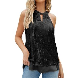 Generic Fadc6 Sequin Tops For Women Women's Sequin Tops Sleeveless Glitter Sparkle Camisole Vest Ladies Elegant Halter Neck Cami Top Flowy Layered Keyhole Shirt Party Night Out Tank Tops