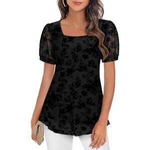 Flikity Tunic Tops for Women UK, Square Neck Top Chiffon Top Ladies Blouses Puff Short Sleeve Floaty Tops for Women UK Going Out Tops Fashion Summer Tops Black M