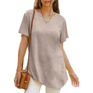 Xpenyo Short Sleeve Shirts for Women Asymmetrical Hem Pullover Casual Tunic Plain Loose Sweatshirts Summer Jumper Light Coffee L